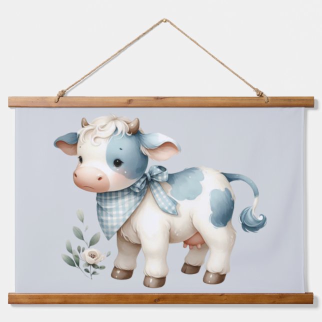 Blue Gingham Baby Cow Pastel Farm Aesthetic Hanging Tapestry (Front)
