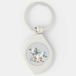 Blue Gingham Baby Cow Pastel Farm Aesthetic Key Ring