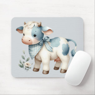 Blue Gingham Baby Cow Pastel Farm Aesthetic Mouse Pad