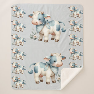 Blue Gingham Baby Cow Pastel Farm Aesthetic Sherpa Blanket