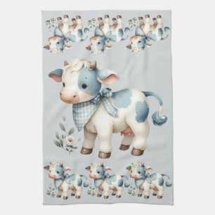 Blue Gingham Baby Cow Pastel Farm Aesthetic Tea Towel