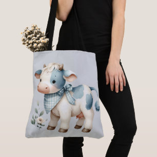 Blue Gingham Baby Cow Pastel Farm Aesthetic Tote Bag
