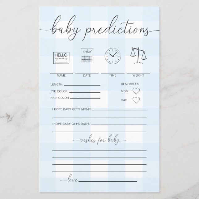Blue Gingham Baby Predictions Game (Front)