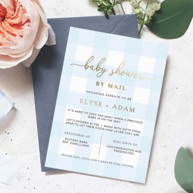 Blue Gingham Baby Shower By Mail Foil Invitation (Baby Shower By Mail Invitation Blue Gingham )