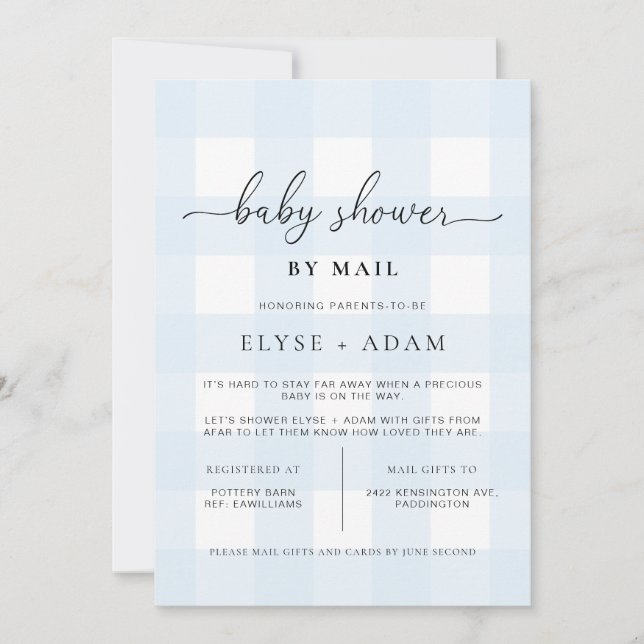 Blue Gingham Baby Shower By Mail Invitation (Front)