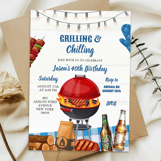 Blue Gingham Backyard Barbecue Birthday Invitation (Creator Uploaded)