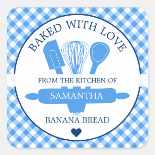 Blue Gingham Baked With love Banana Bread Baking Square Sticker