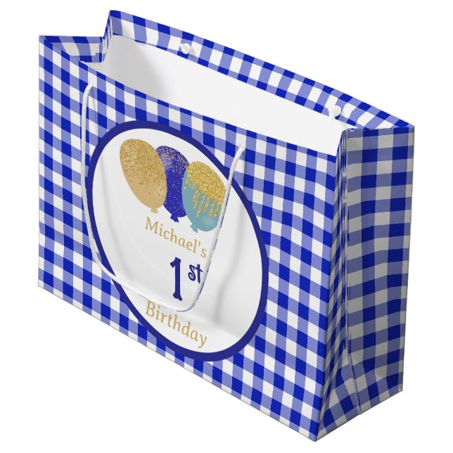 Blue Gingham Balloons Custom Multi Photo Birthday Large Gift Bag (Front Angled)