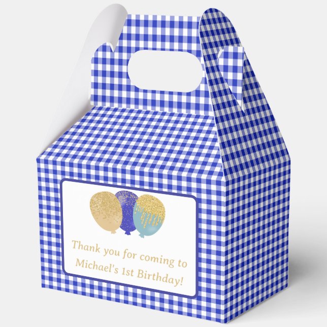 Blue Gingham Balloons Custom Photo Birthday  Favour Box (Front)