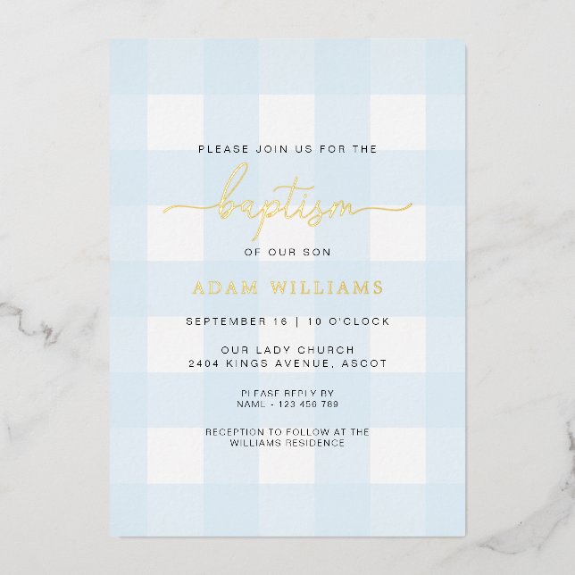 Blue Gingham Baptism Gold Foil Invitation (Front)