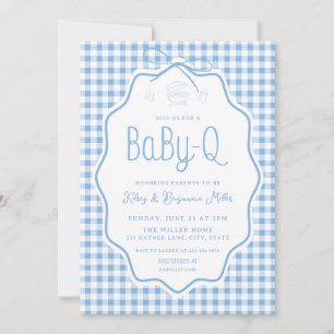 Blue Gingham Barbecue Baby-Q Baby Shower Invite