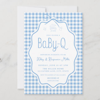 Blue Gingham Barbecue Baby-Q Baby Shower Invite
