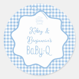 Blue Gingham Barbecue Boy BBQ Baby-Q Baby Shower  Classic Round Sticker