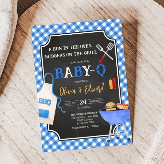 Blue Gingham BBQ Baby Shower Invitation (Boy Baby-Q Baby Shower Invitation)