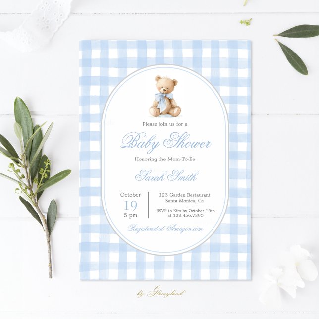 Blue Gingham Bear Baby Shower Boy Invitation (Creator Uploaded)