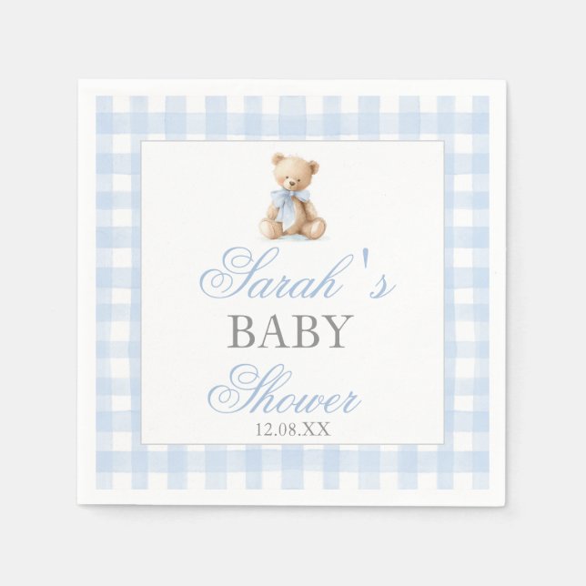 Blue Gingham Bear Baby Shower Napkin (Front)