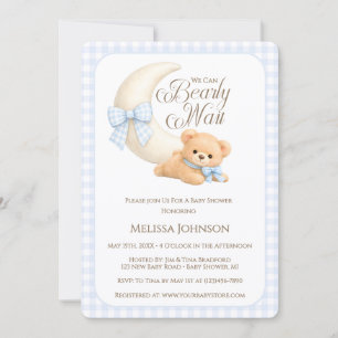 Blue Gingham Bearly Wait Bear Boy Baby Shower Invitation