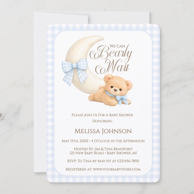 Blue Gingham Bearly Wait Bear Boy Baby Shower Invitation (Front)