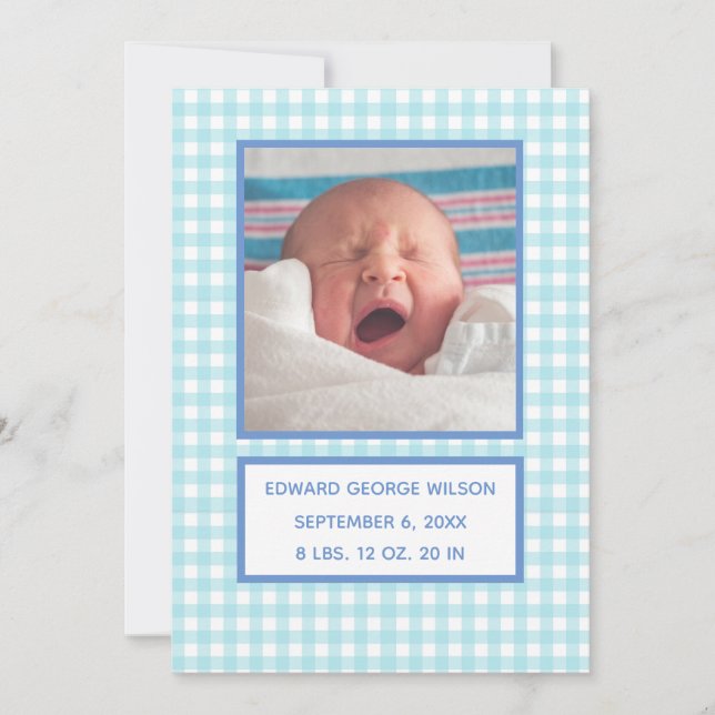 Blue Gingham Birth Announcement Card (Front)