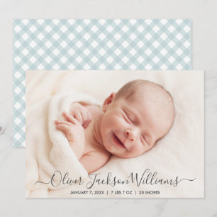Blue Gingham Birth Announcement Photo Card