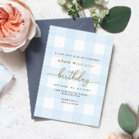 Blue Gingham Birthday Gold Foil Invitation