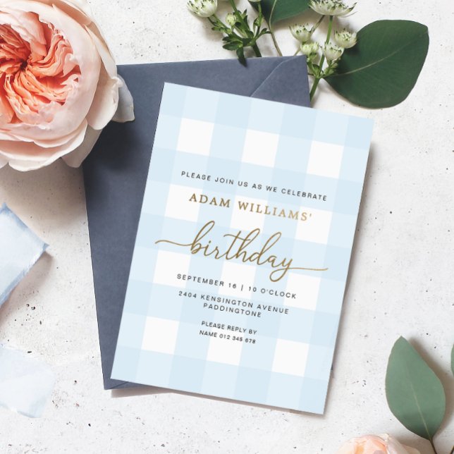 Blue Gingham Birthday Gold Foil Invitation (Creator Uploaded)