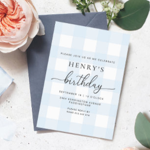 Blue Gingham Birthday Invitation