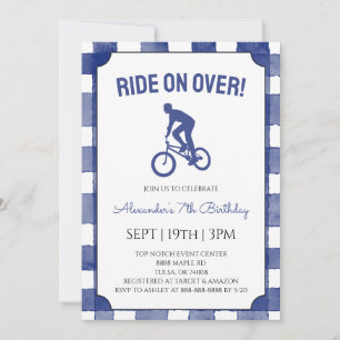 Blue Gingham BMX Bike Birthday Party Invitation