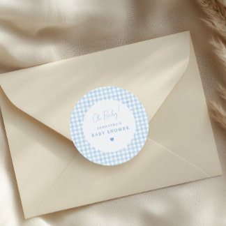 Blue Gingham Boho Watercolor Boy Baby Shower Classic Round Sticker