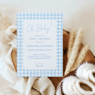Blue Gingham Boho Watercolor Boy Baby Shower Invitation
