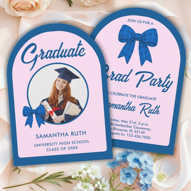 Blue Gingham Bow Arch Photo Graduation Party Invitation (Creator Uploaded)
