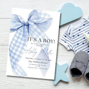 Blue Gingham Bow Baby Boy Shower It's a Boy Invitation