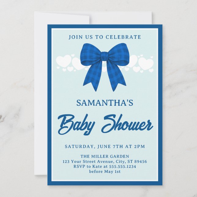 Blue Gingham Bow Boy Baby Shower Invitation (Front)