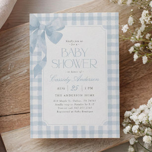 Blue Gingham Bow Boy Baby Shower Invitation