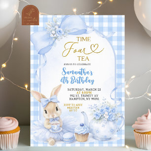 Blue Gingham Bow Bunny Tea Party Fourth Birthday Invitation