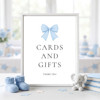 Blue Gingham Bow Cards Gifts Baby Shower Poster