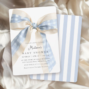 Blue Gingham Bow Cute Baby Shower Invitation