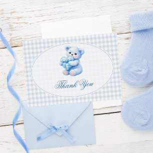 Blue Gingham Bow Heart Teddy Bear Baby Shower Invitation