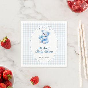Blue Gingham Bow Heart Teddy Bear Baby Shower Napkin