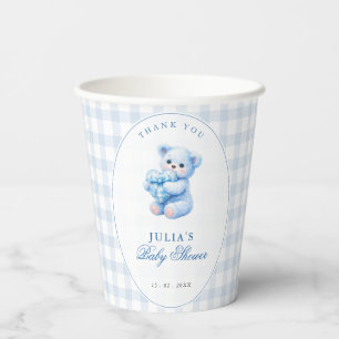 Blue Gingham Bow Heart Teddy Bear Baby Shower Paper Cups
