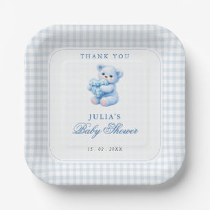 Blue Gingham Bow Heart Teddy Bear Baby Shower Paper Plate