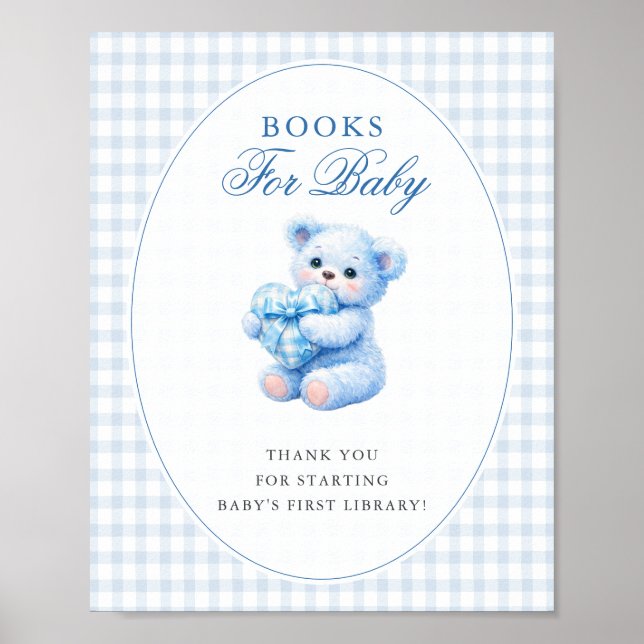 Blue Gingham Bow Heart Teddy Bear Baby Shower Poster (Front)