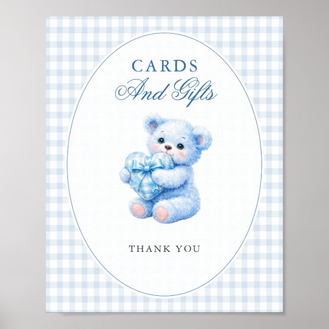 Blue Gingham Bow Heart Teddy Bear Baby Shower Poster (Front)