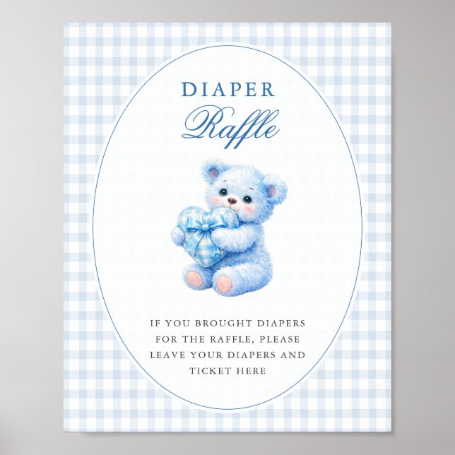 Blue Gingham Bow Heart Teddy Bear Baby Shower Poster (Front)