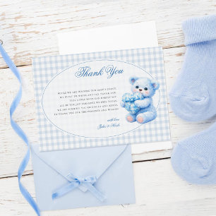 Blue Gingham Bow Heart Teddy Bear Baby Shower Thank You Card