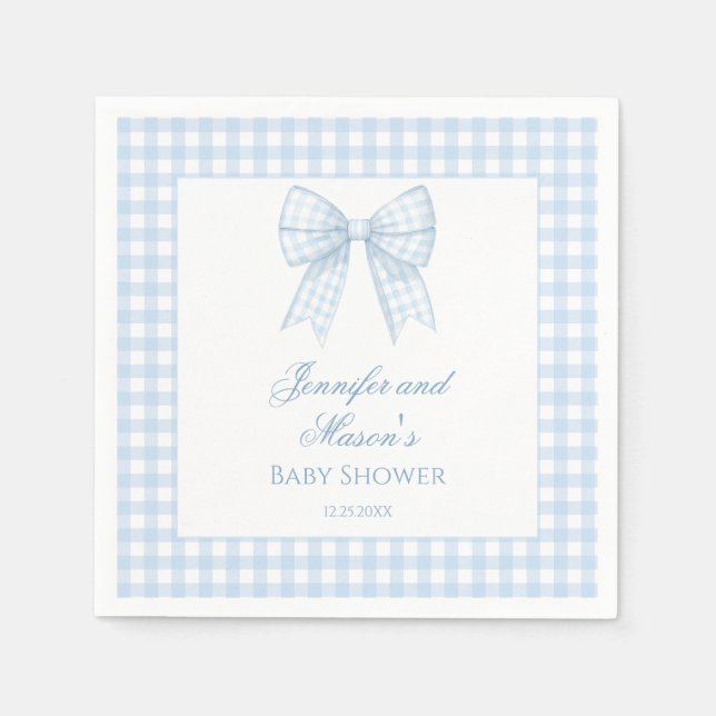Blue gingham bow ribbon baby boy shower napkin (Front)