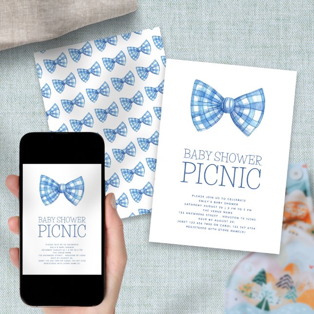 Blue Gingham Bow Tie Baby Shower Picnic Invitation (Front and back view)