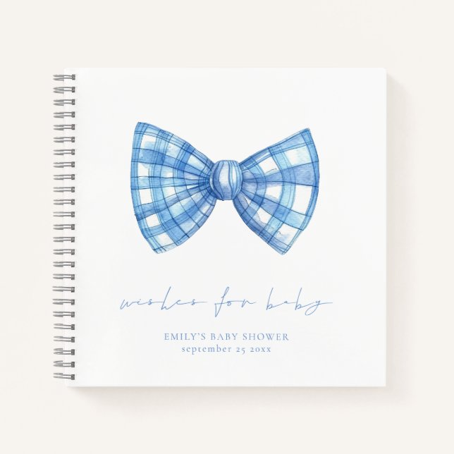 Blue Gingham Bow Tie Baby Shower Wishes Guest Book (Front)