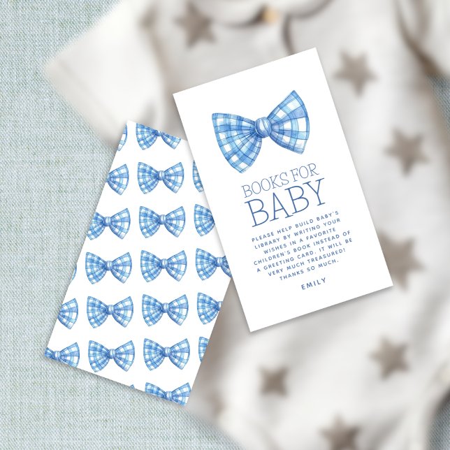 Blue Gingham Bow Tie Books for Baby Baby Shower Enclosure Card (front and back)