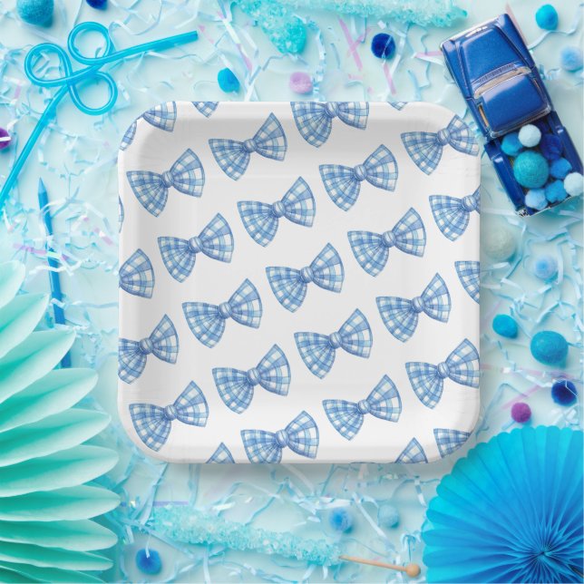 Blue Gingham Bow Tie Pattern Baby Shower Picnic Paper Plate (Party)